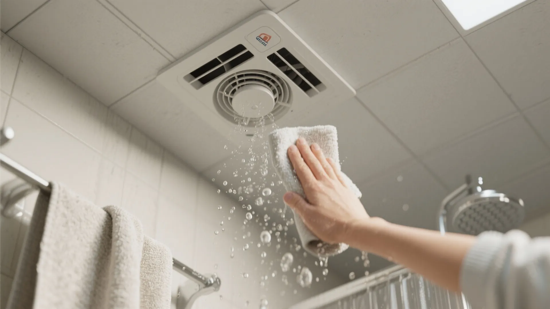 Person using a white cloth to wipe water from a bathroom ceiling fan and vent cover