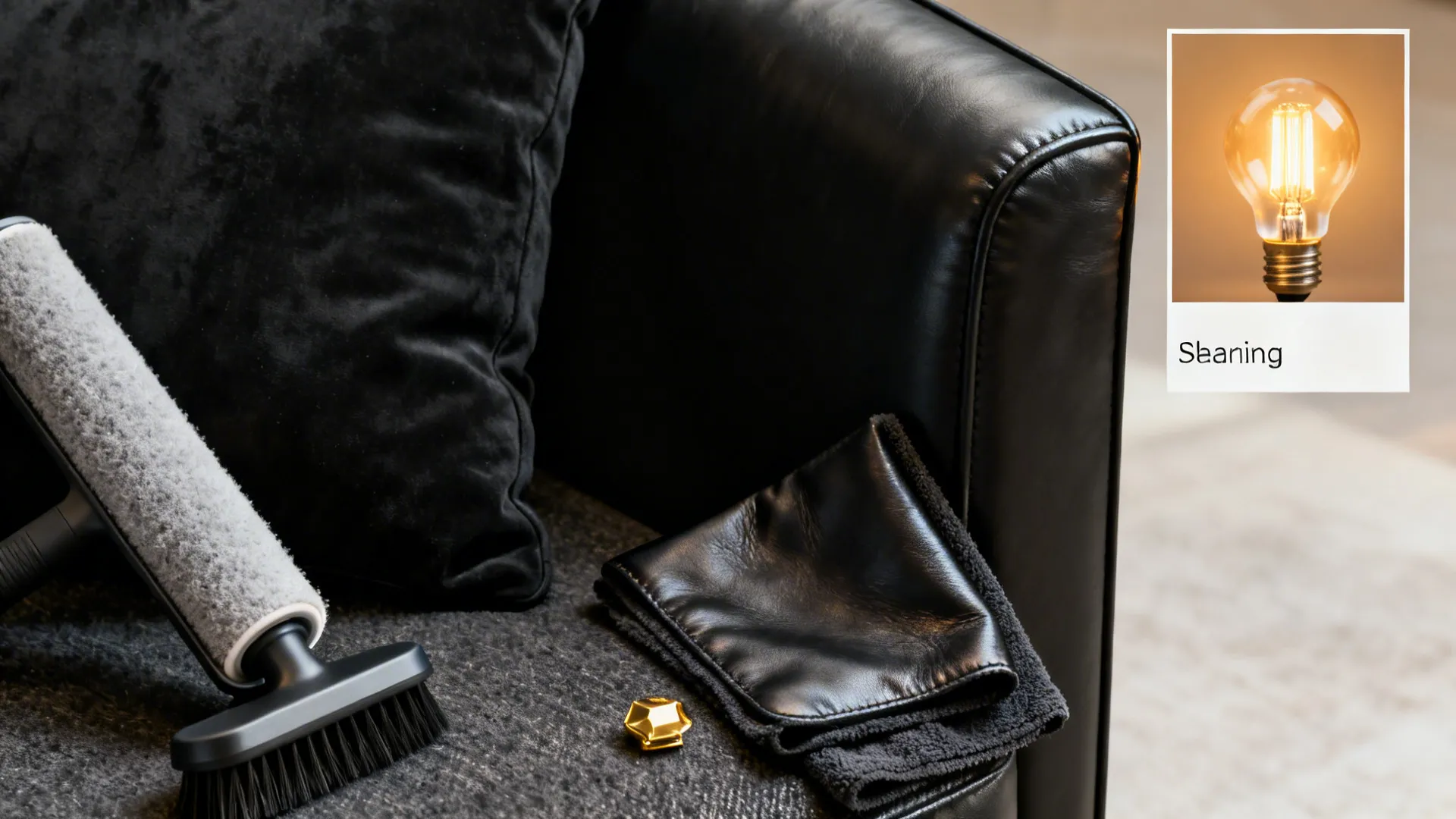 Lint roller, leather care cloth and LED bulb swatch illustrating maintenance tips for dark furnishings