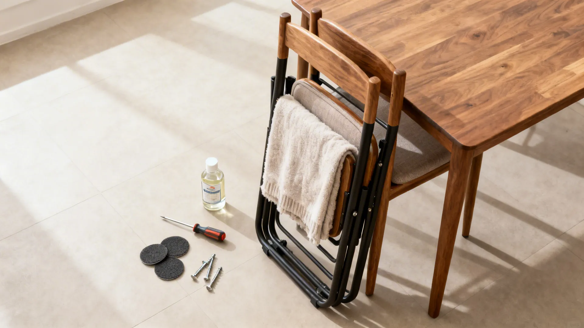 Top-down scene with folded chairs, felt pads, screwdriver, and a clear wood finish bottle for upkeep.