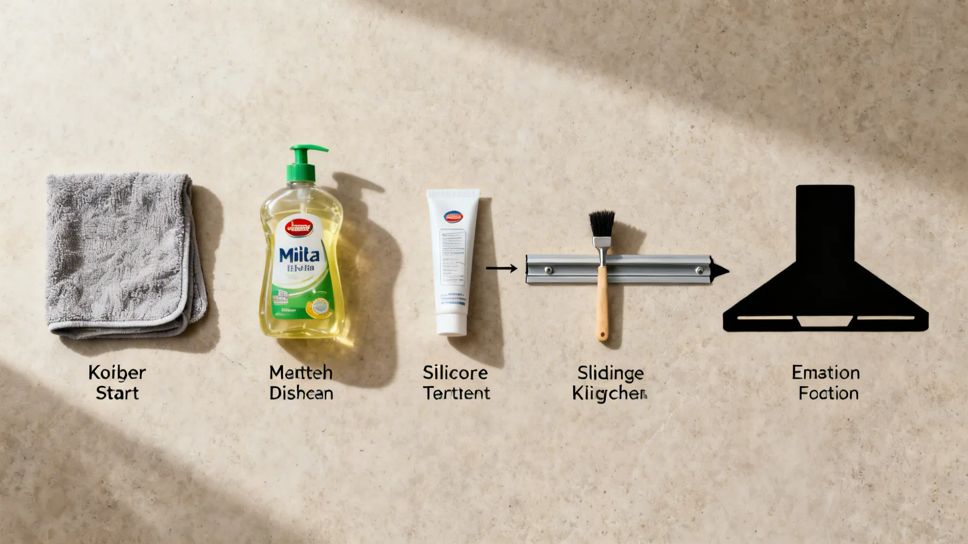 Top-down layout of cleaning tools and track care items arranged as a routine.