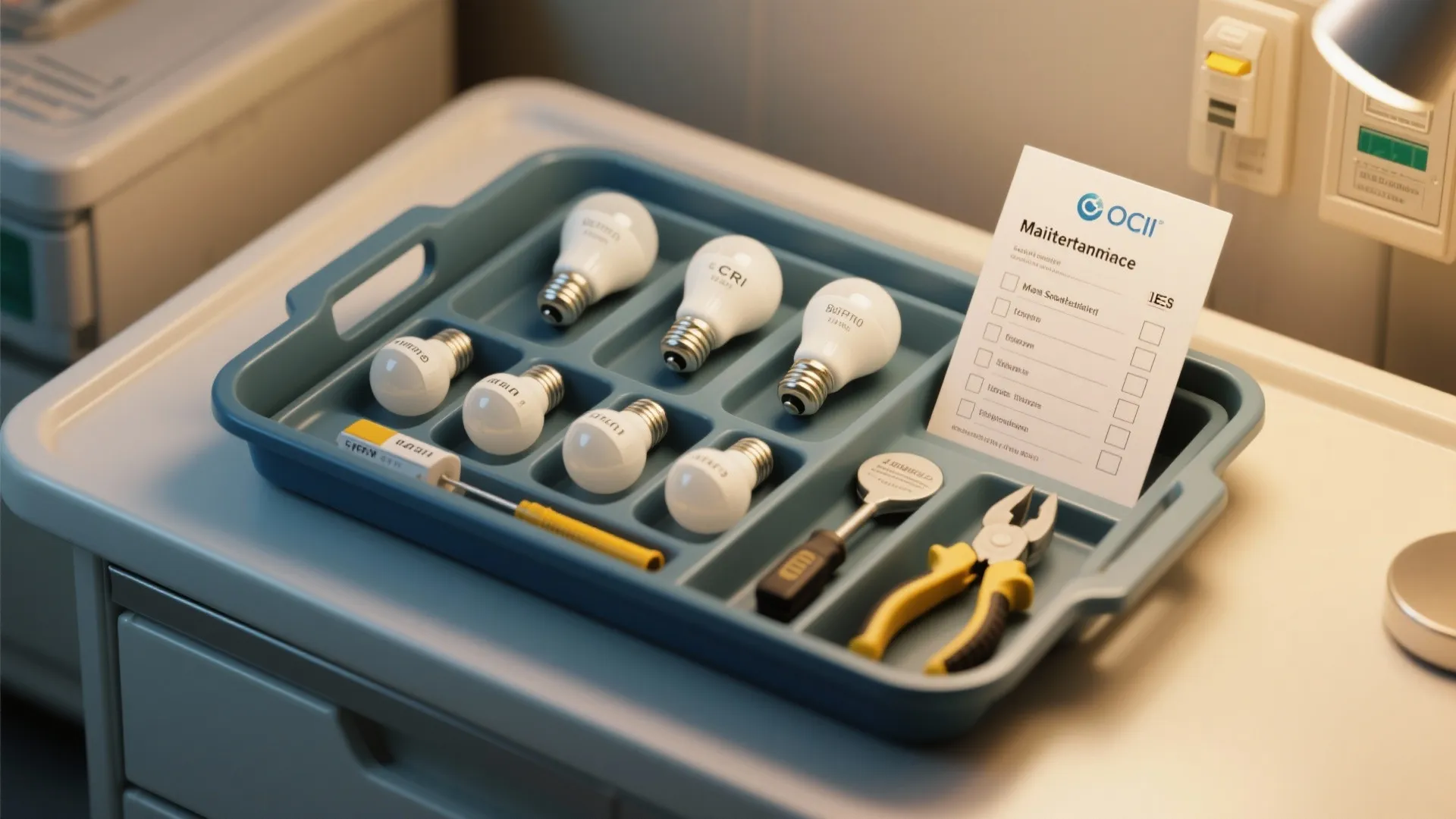 Maintenance tray with standardized bulbs, tools, and a checklist referencing CRI and IES guidelines.