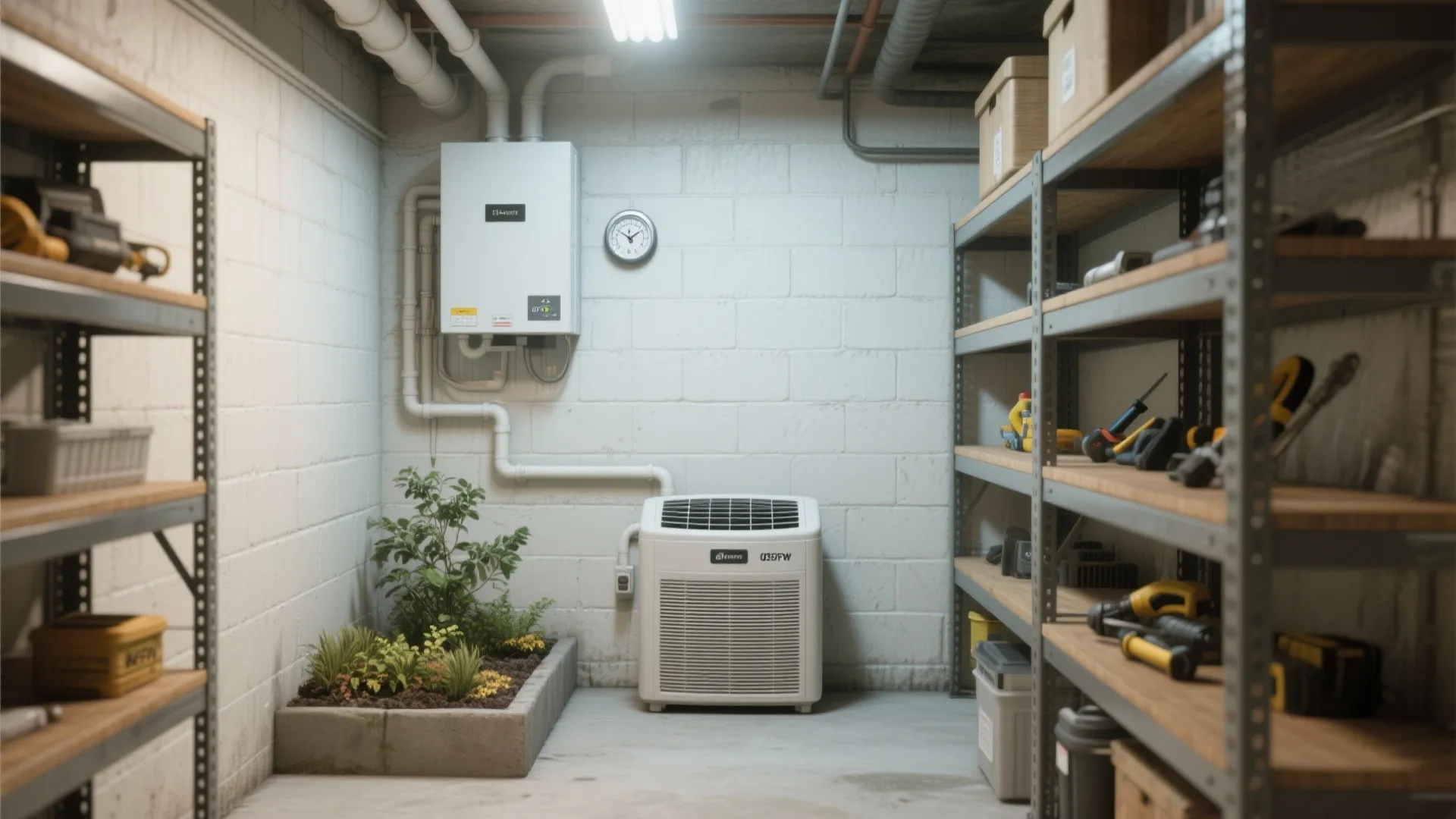 Basement maintenance scene with a dehumidifier, hygrometer, and organized shelving to ensure ventilation and long-term care.