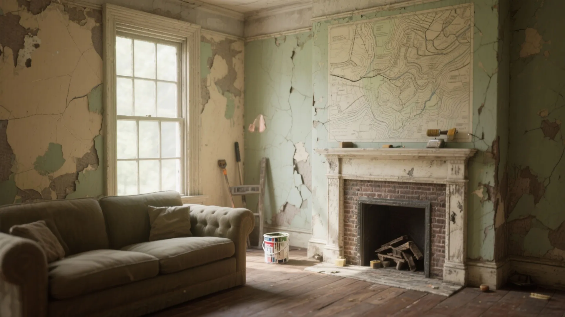 Old living room with peeling paint on walls, brown sofa, brick fireplace, and paint bucket