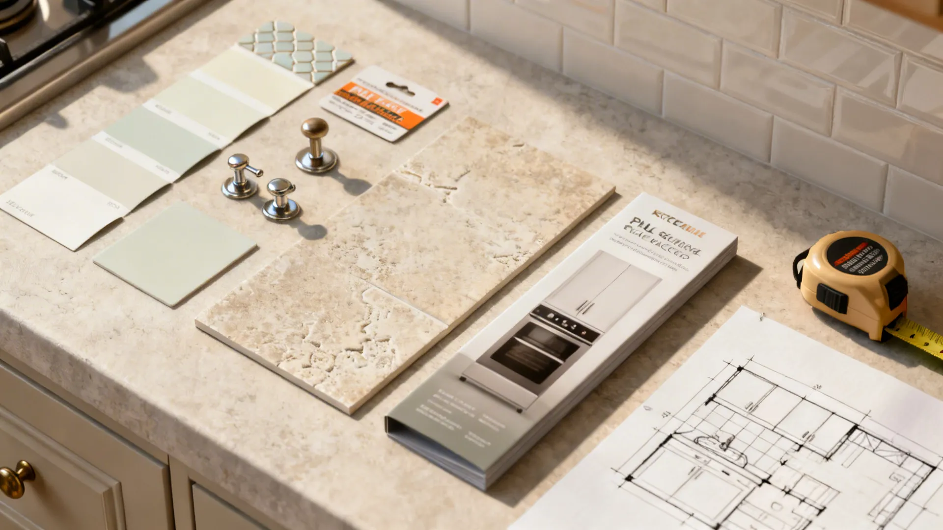 Flatlay of paint swatches, hardware, backsplash sample and tools for a kitchen refresh.
