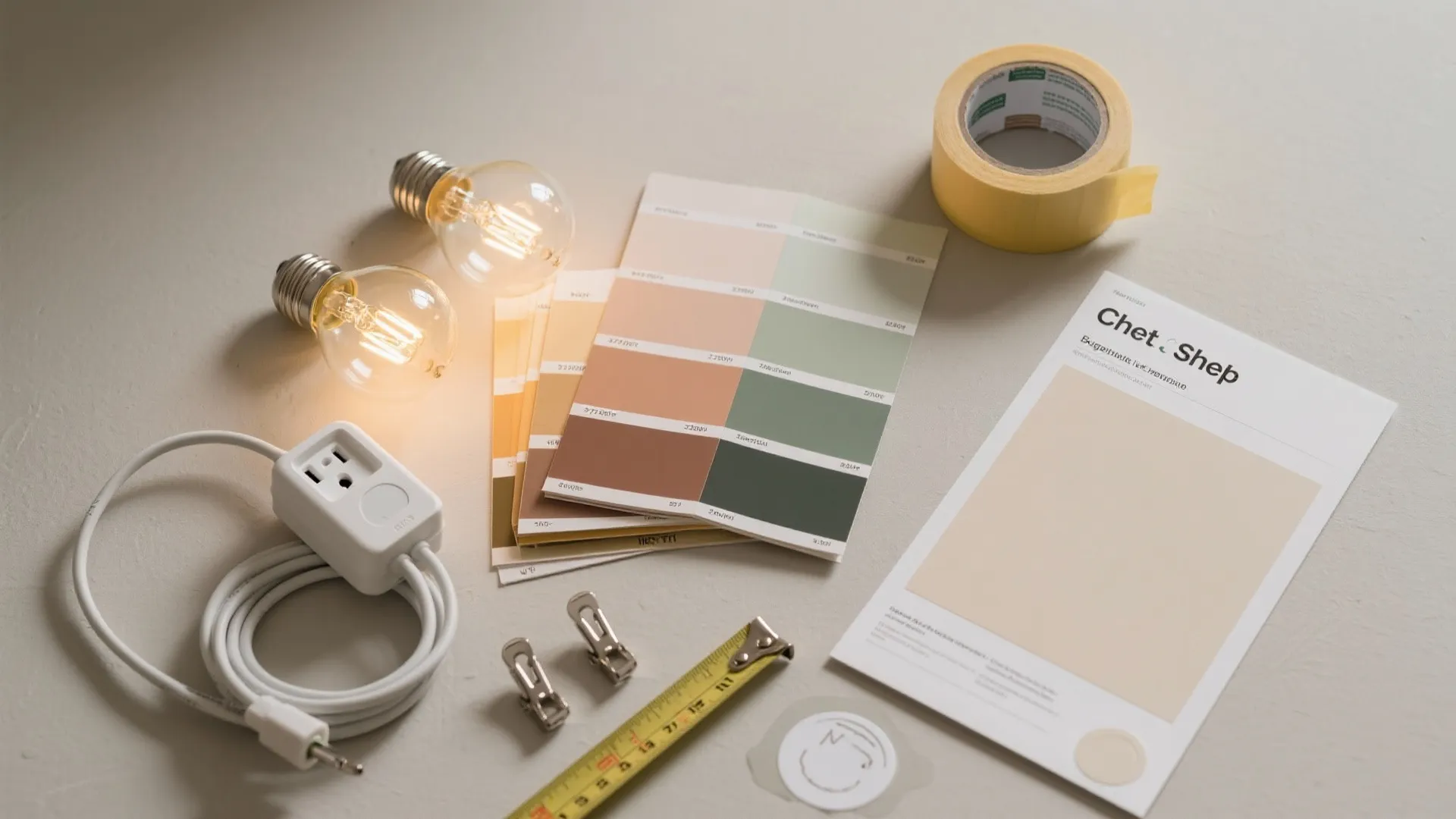 Interior design tools including light bulbs, color cards, tape, measuring ruler, and home makeover paperwork