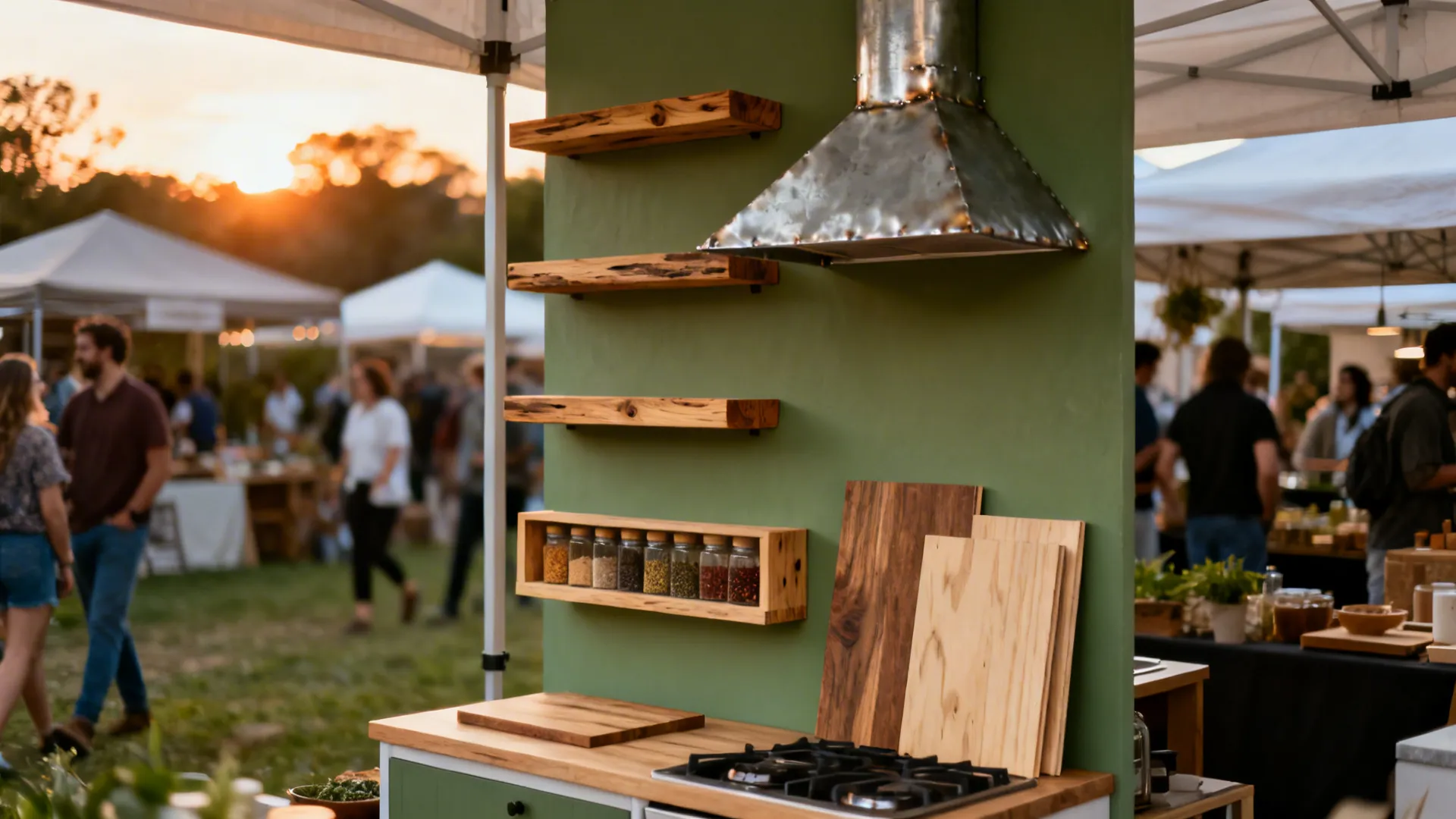 Design-focused artisan booth with reclaimed wood shelves and metal hood wrap suited for small kitchens.