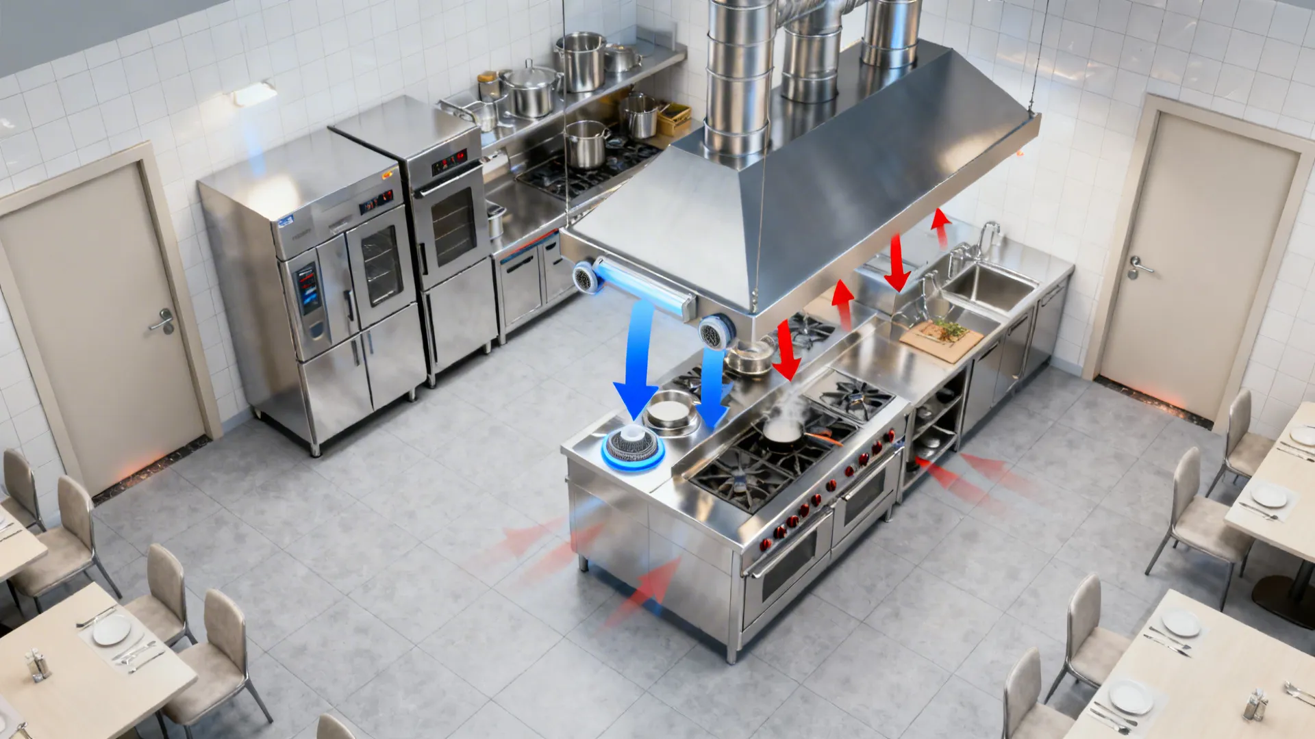 Top-down view showing tempered make-up air supply supporting hood capture with slight negative pressure.