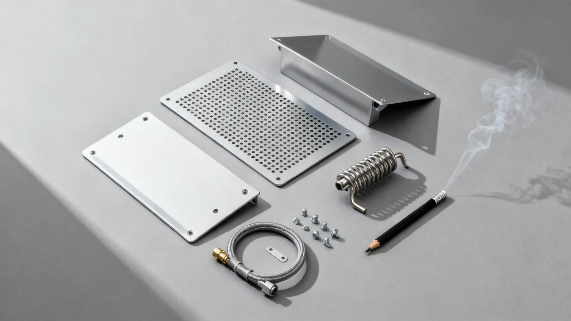 Flat lay of low-throw diffusers, coil section, and connectors for makeup air systems.