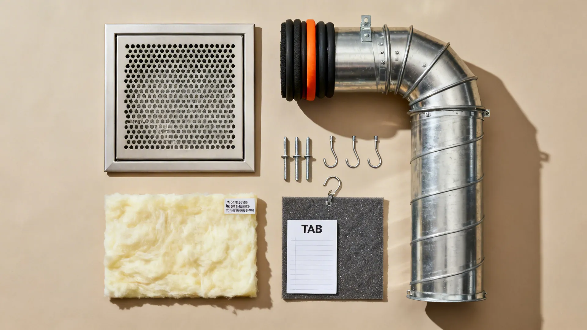 Flatlay of diffuser face, isolator, liner sample, stainless duct, and hardware for kitchen ventilation.