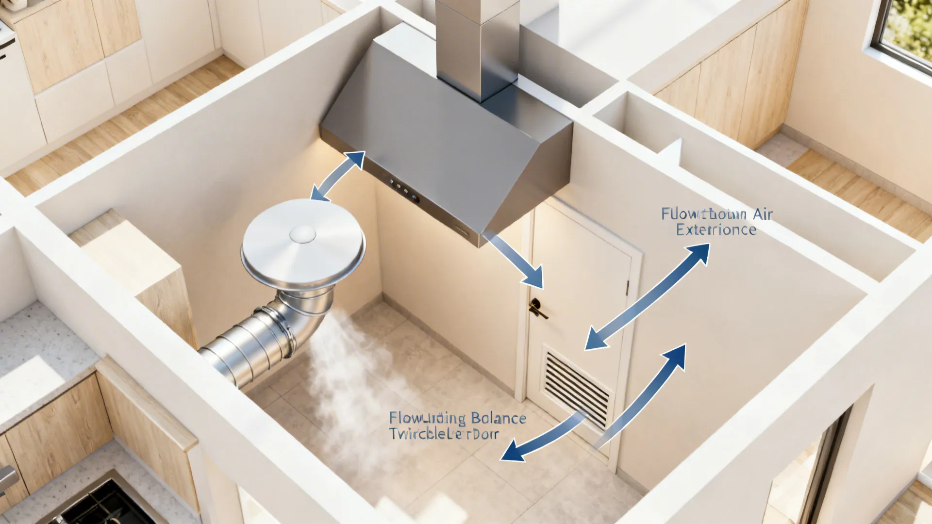 Top-down plan view illustrating exhaust to exterior and a make-up air path.