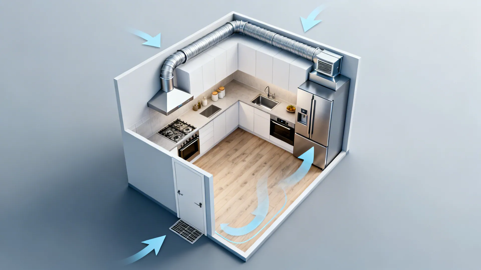 Top-down diagram-like scene showing smooth duct routing and a discreet make-up air path.