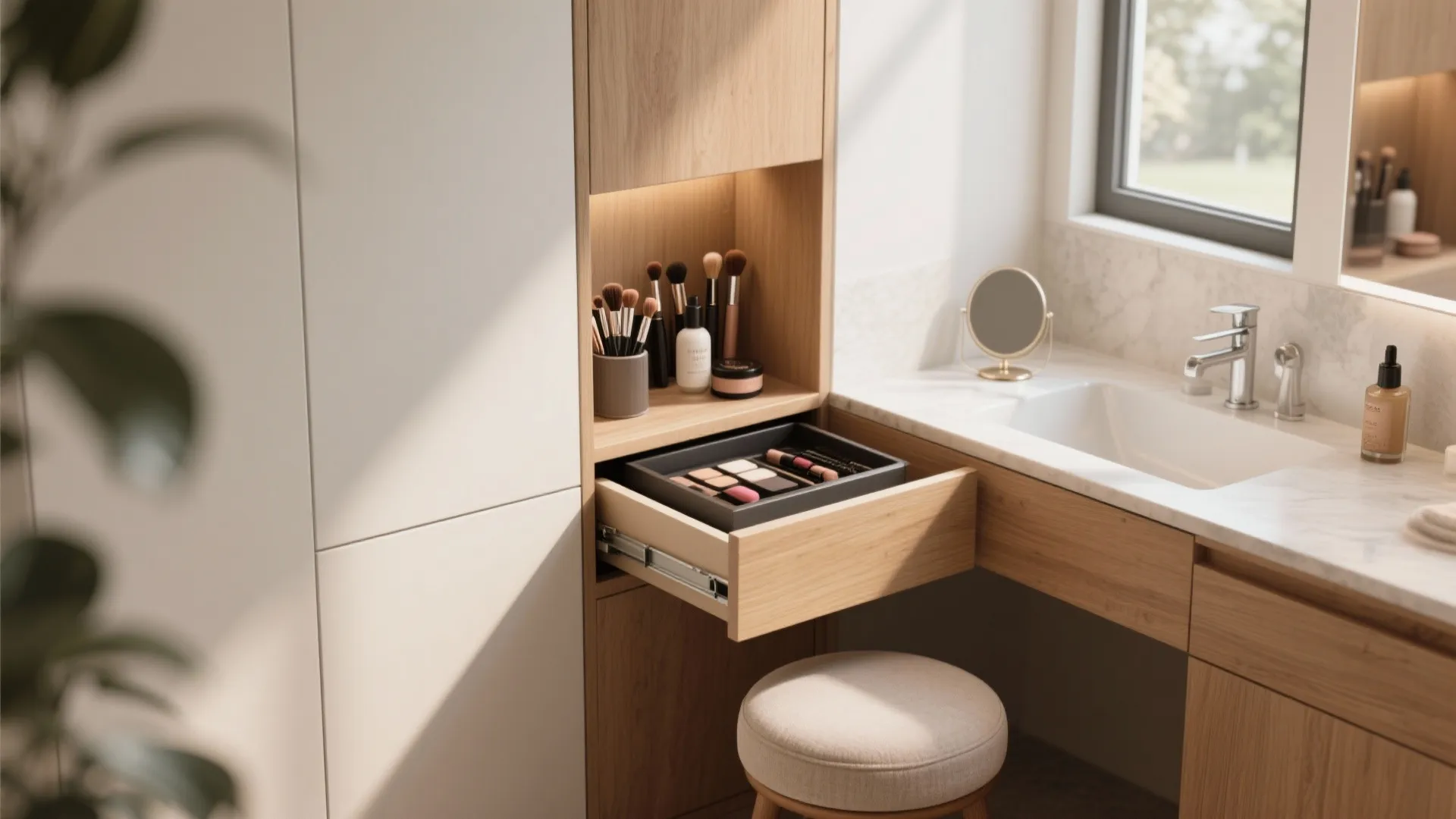 3. Integrated Makeup Nook with Vanity Desk
