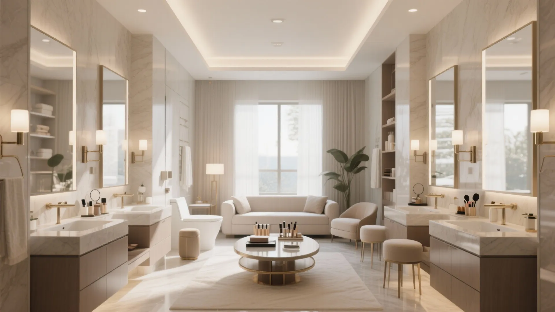 Luxury large bathroom with marble walls sofa coffee table several mirrors and warm bright ceiling lights