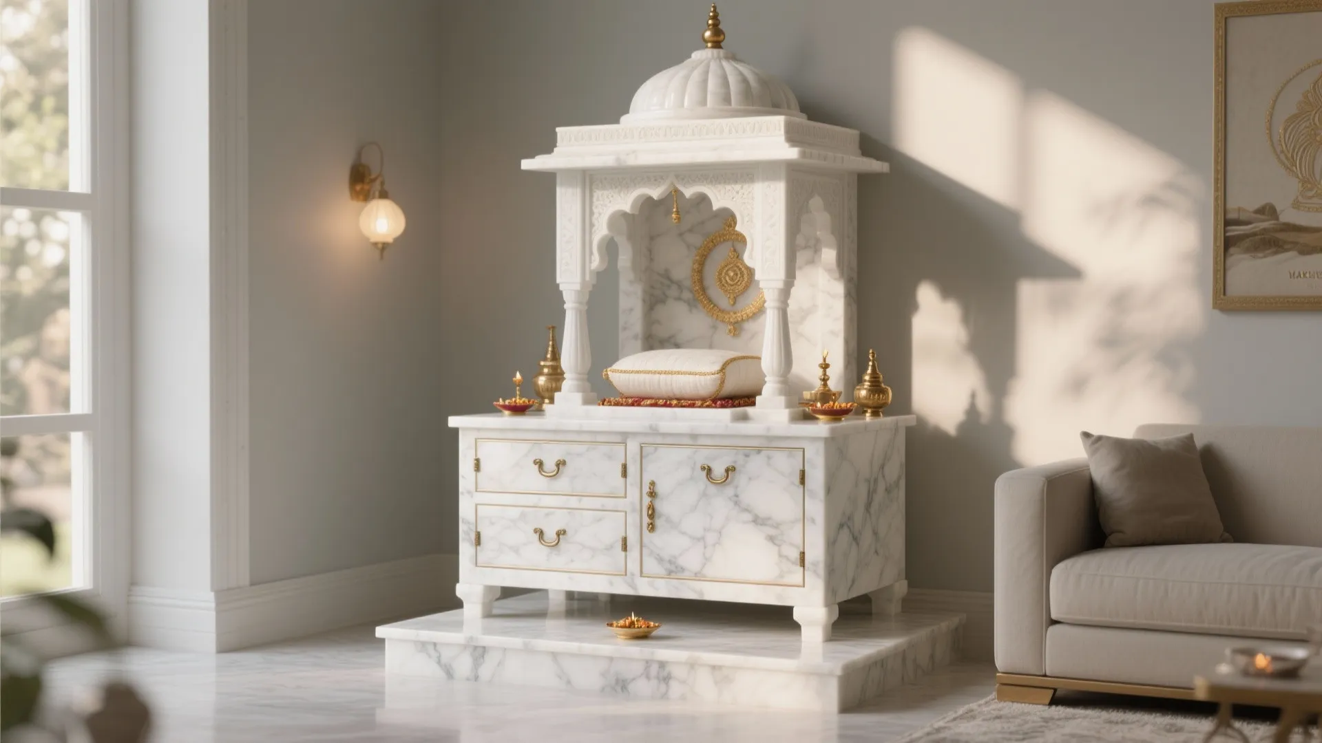 Freestanding Makrana Marble Mandir with Storage