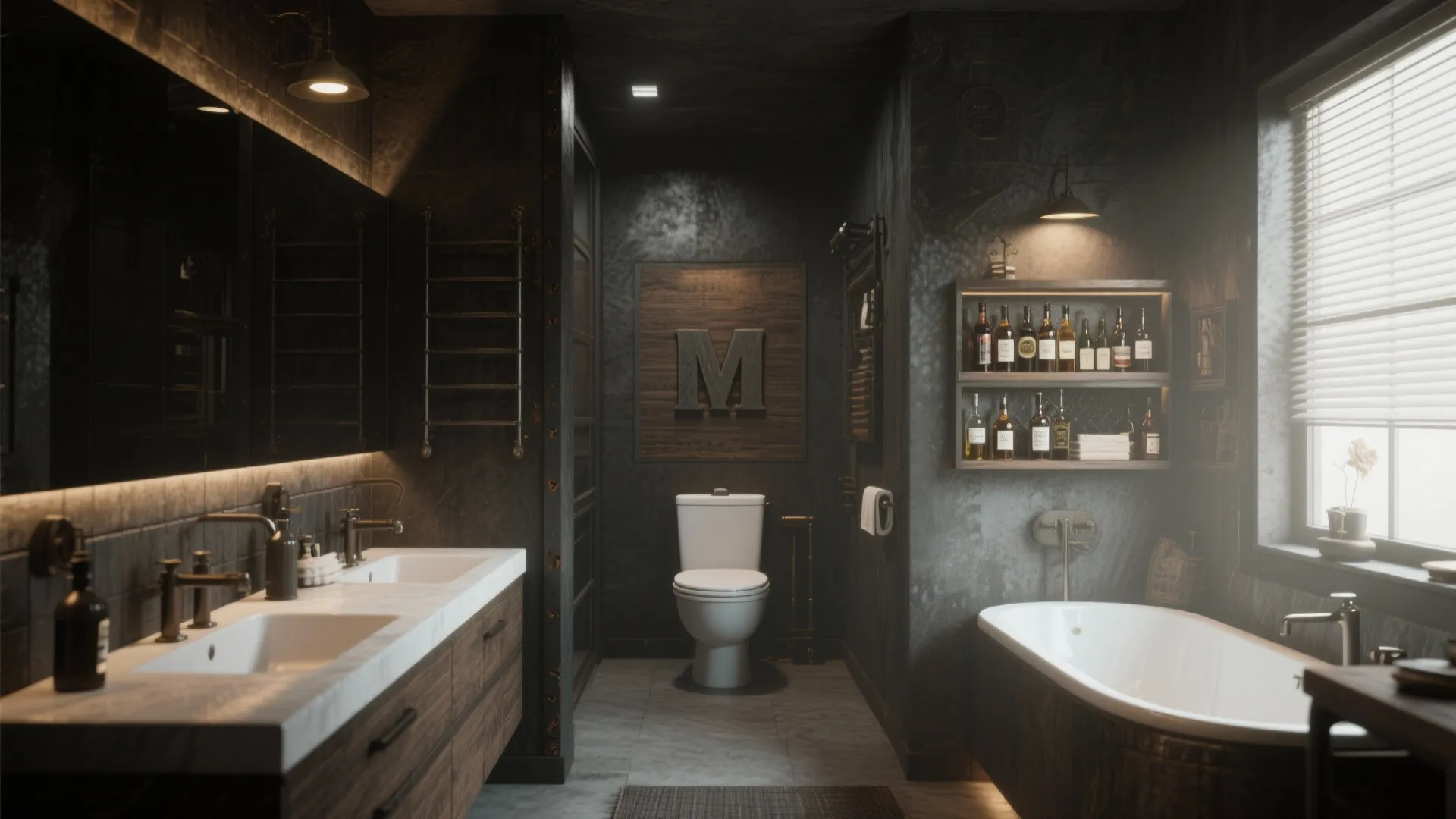 Dark industrial bathroom with double sinks white toilet bathtub shelf with bottles and wall lights