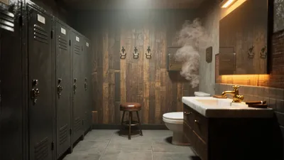 Industrial Style Bathroom with Locker Storage & Warm Lighting