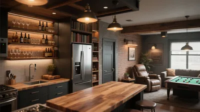 Rustic Modern Kitchen & Living Space with Bar and Pool Table