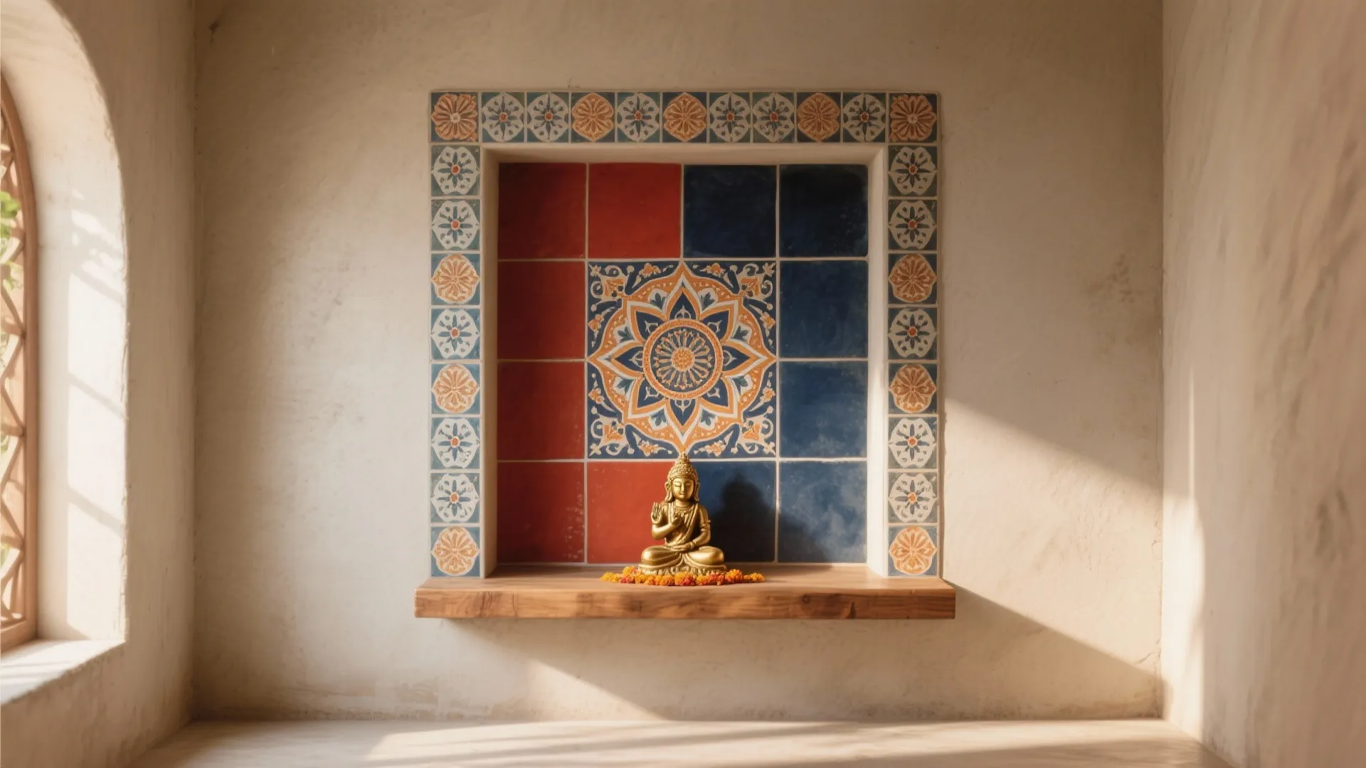Small gold statue on wood shelf against colorful wall tiles with a large flower pattern