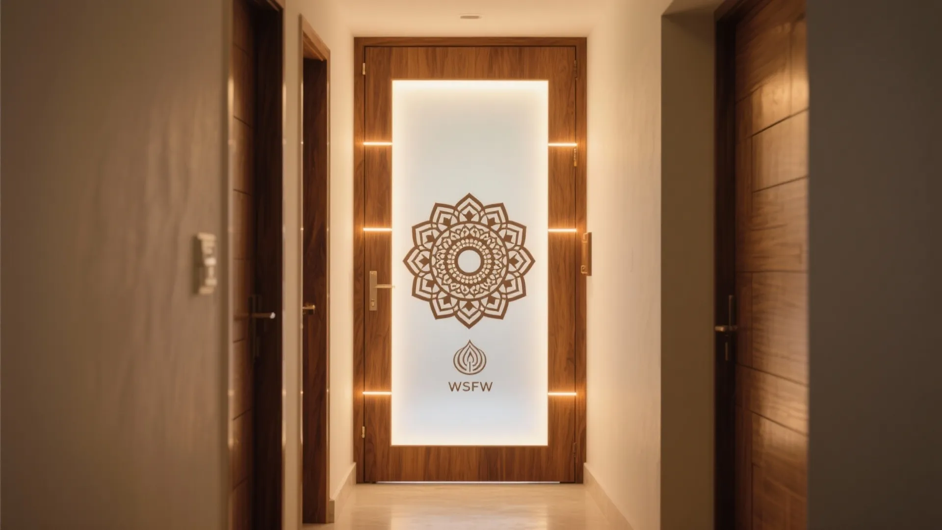 Modern wooden door with a glowing white center panel featuring a beautiful round floral pattern