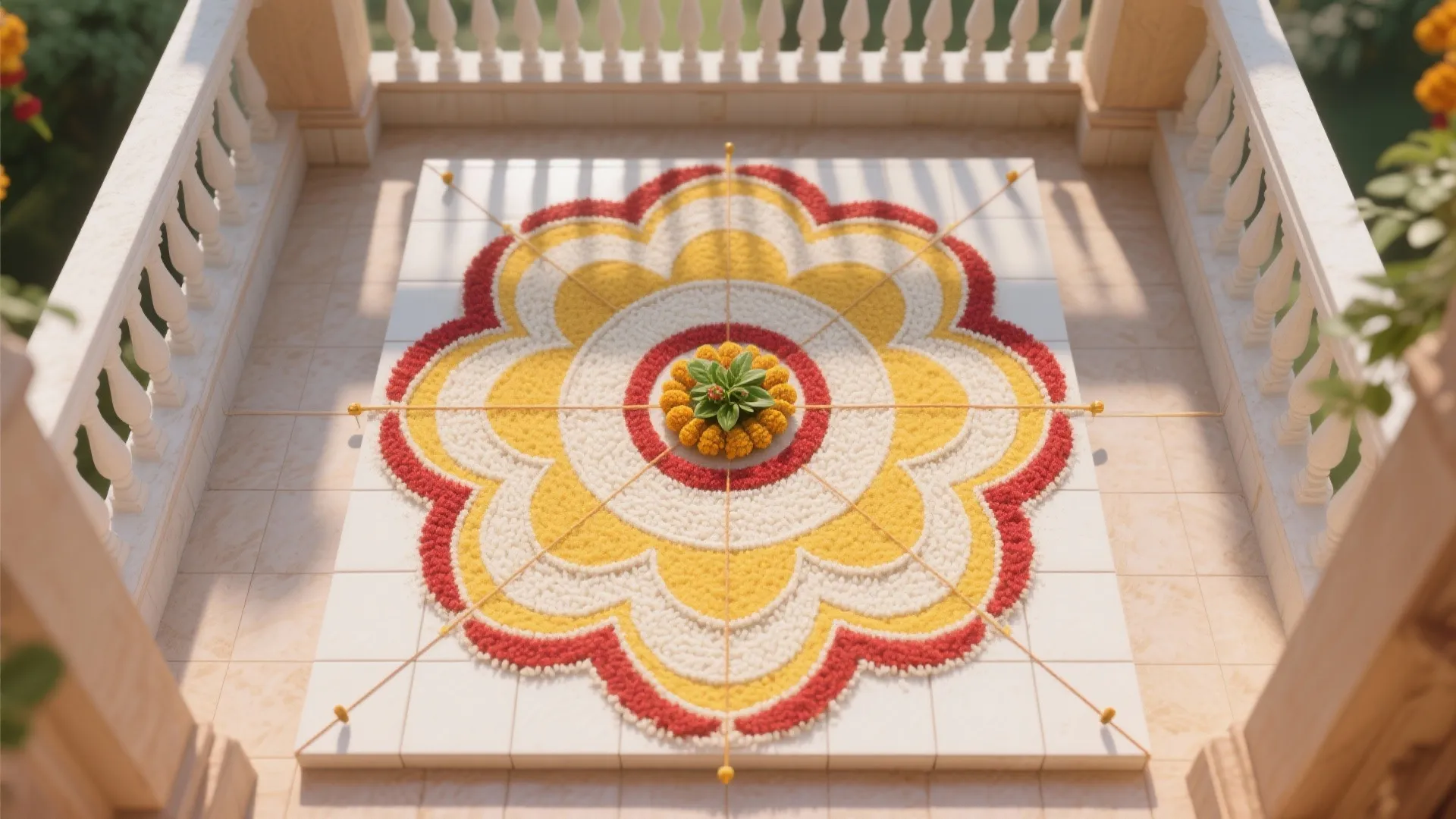 Top-down geometric mandala rangoli encircling a Tulsi vrindavan on balcony tiles.