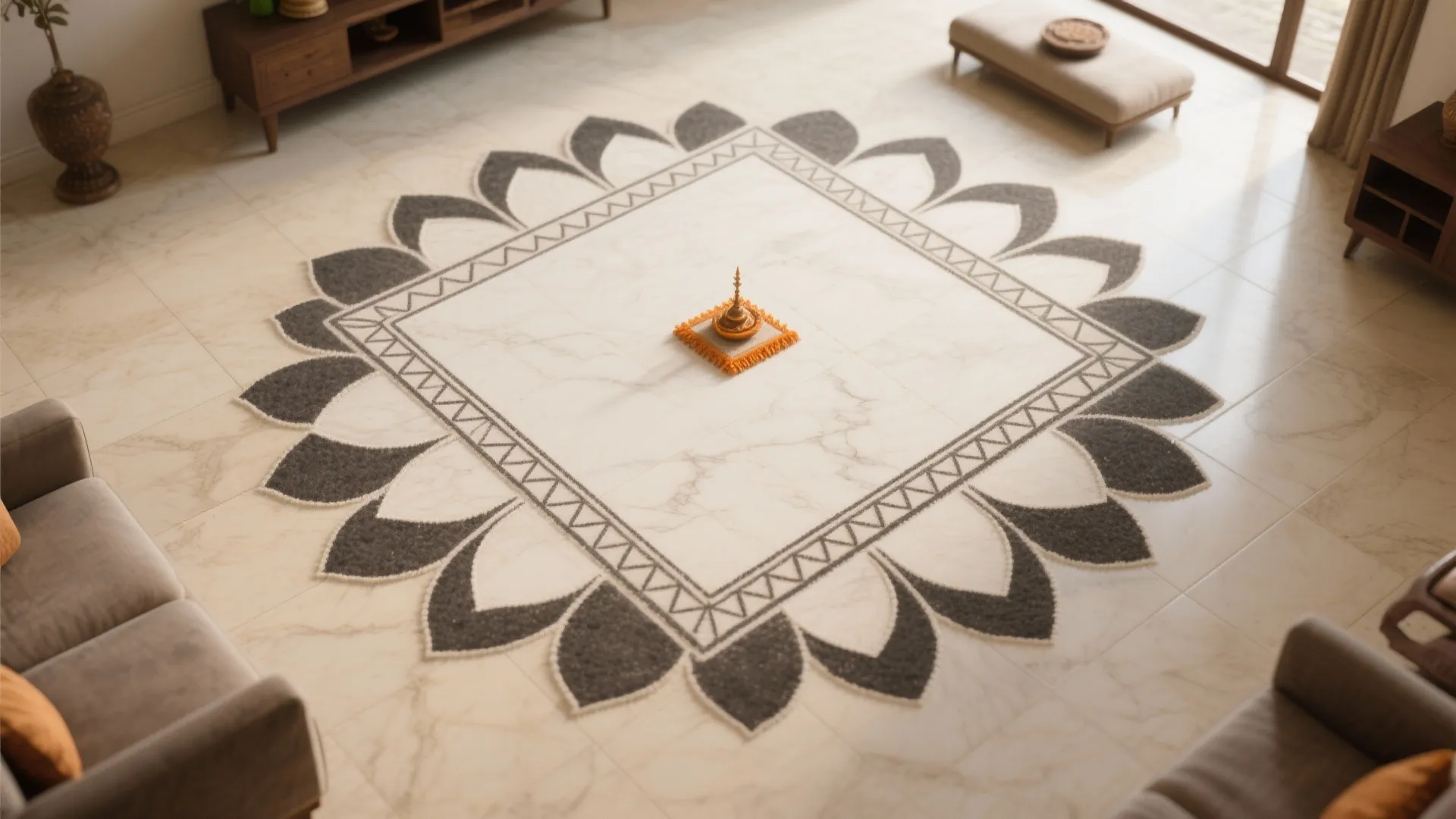 Living room layout with marble floor featuring large flower pattern design sofa and small footrest