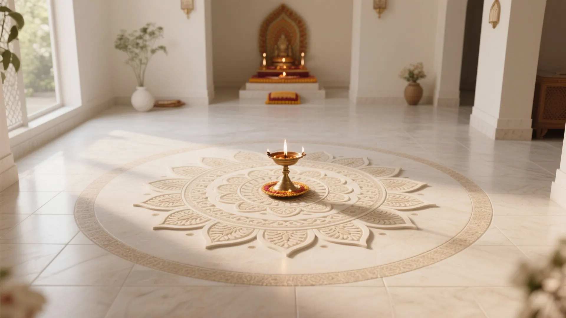 Bright room with large floor pattern design and a small oil lamp in the middle