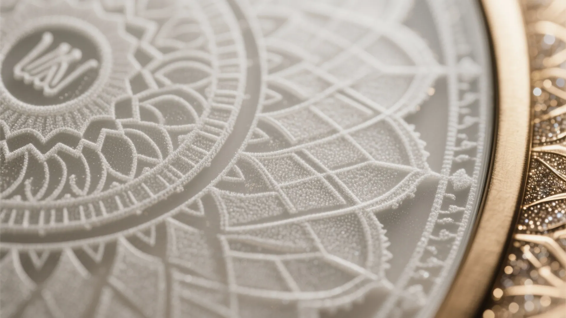 Close-up of shallow etched mandala lines on frosted glass with soft daylight.