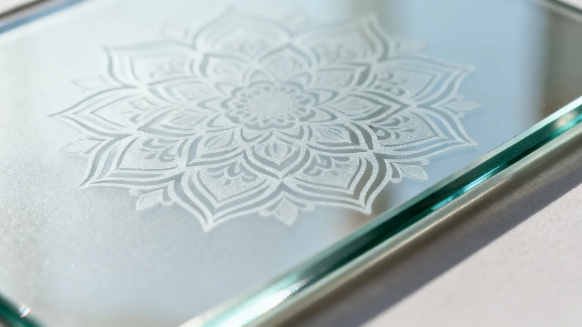 Clear tempered-glass double doors with etched mandala