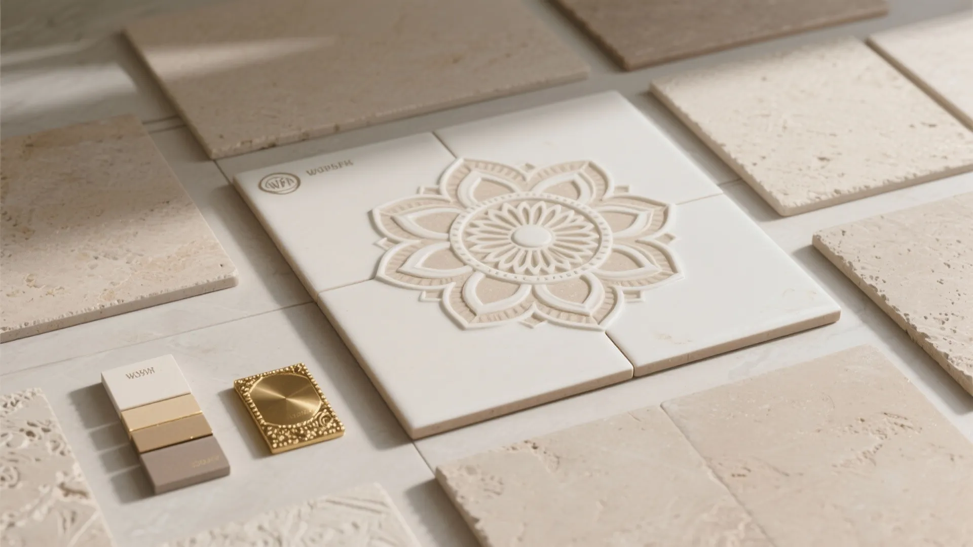Interior design material board with carved flower pattern tile, stone samples, and gold metal decorative piece
