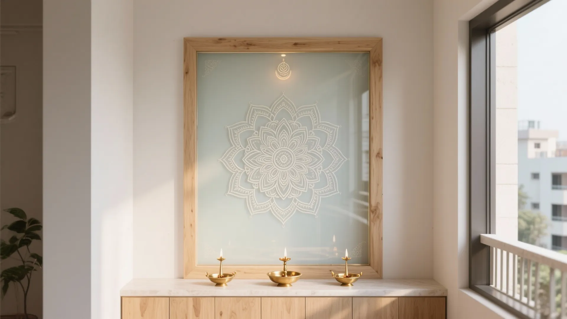 Small pooja alcove with a central mandala etched on frosted glass and light wood trims.