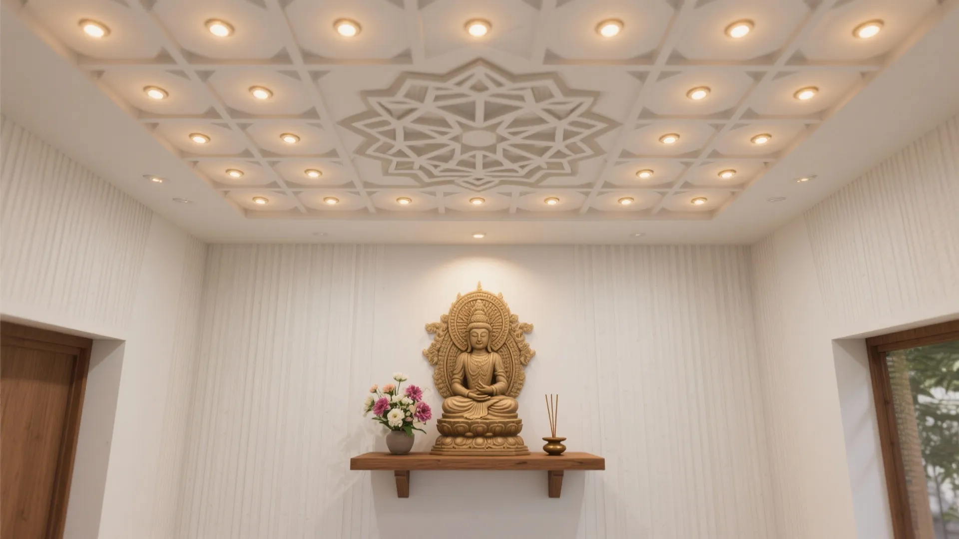 Interior design drawing with a white patterned ceiling many small lights and a gold statue