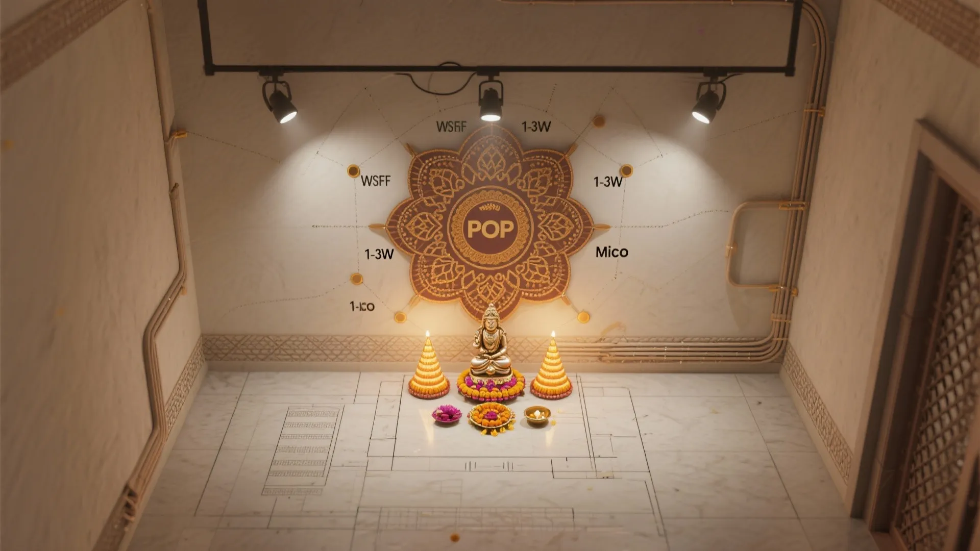 3) Geometric mandala lattice with recessed pinlights