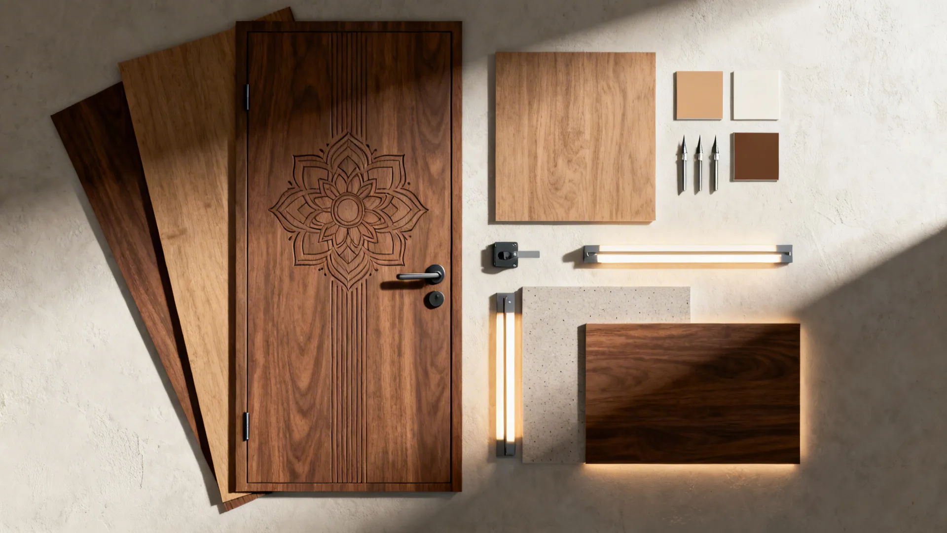 Flat lay of walnut veneer, HDHMR core, PU finish, and hardware for a CNC mandala door.