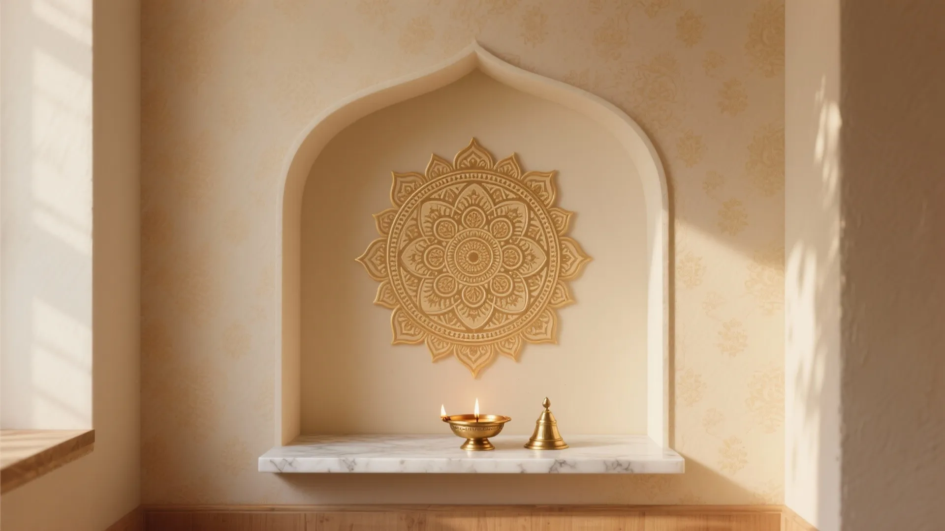 Golden flower wall art inside cream niche above marble shelf holding a small lit lamp