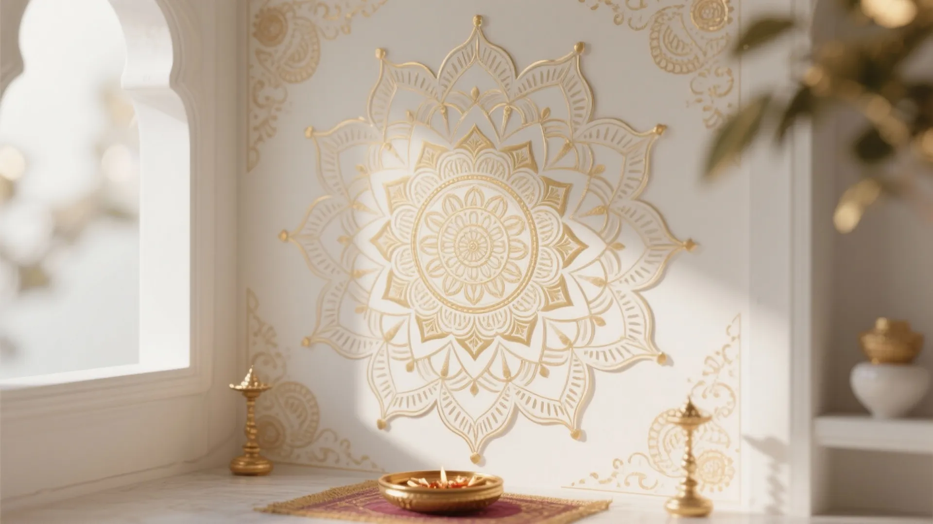 Gold floral wall pattern with small oil lamps on rug and sunlight through arched window