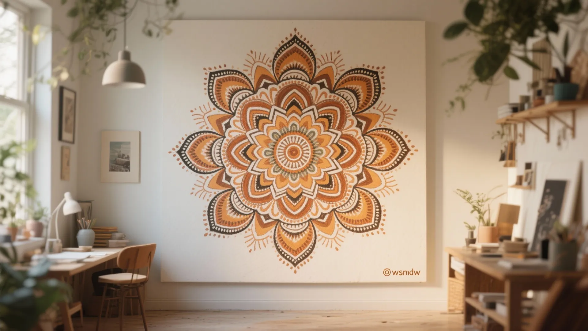 Home office interior with a large circular pattern on the wall and wooden desk setup