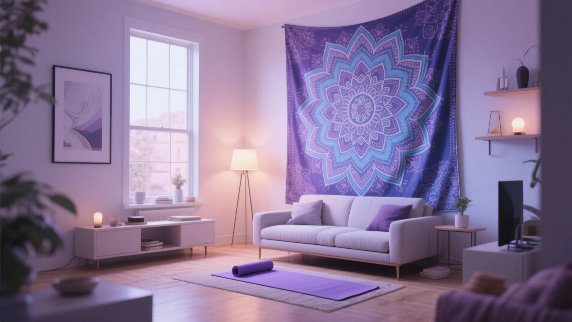 Living room with blue and purple mandala tapestry and minimalist decor