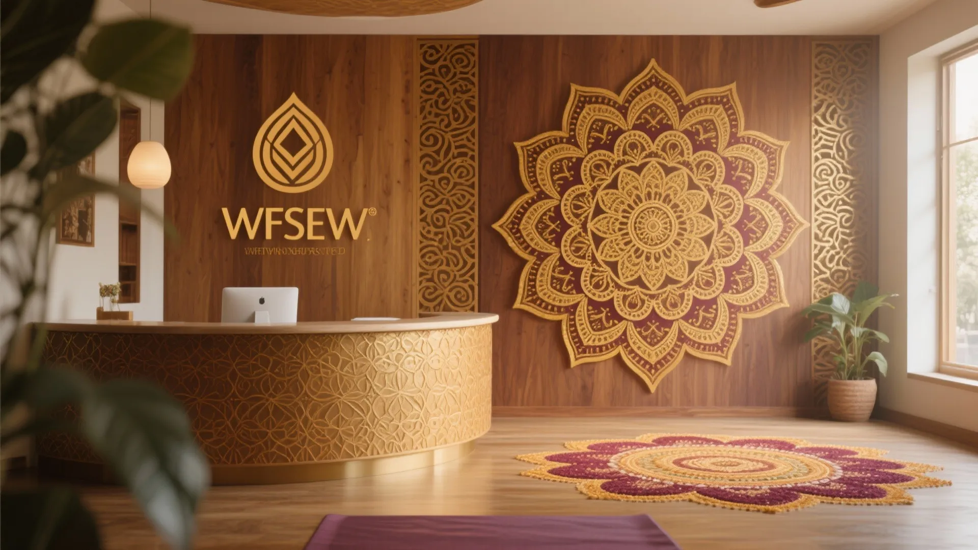 Interior design drawing of a wood reception area with gold pattern desk and wall art