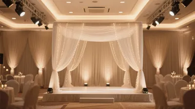 Elegant Wedding Stage Design with Drapery and Fairy Lights