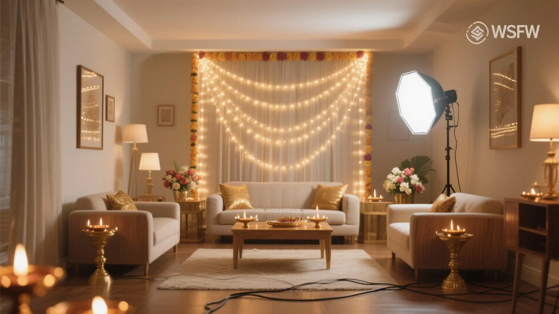 Festive living room with white sofas string lights flower garlands and many warm small lamps
