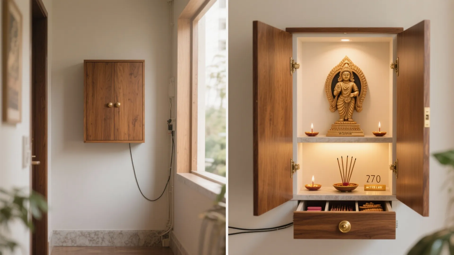 Before and after comparison of a wall mounted wooden cabinet opening to reveal a gold statue