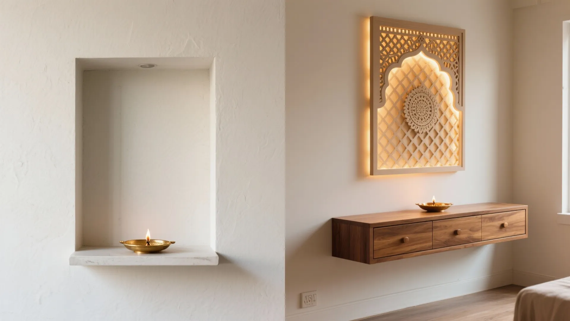 1) Minimal Wall-Mounted Mandir With Backlit Jaali