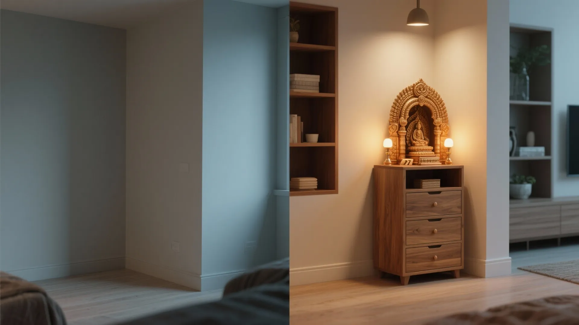 Before-and-after of an empty corner transformed into a compact floor-standing wooden mandir.