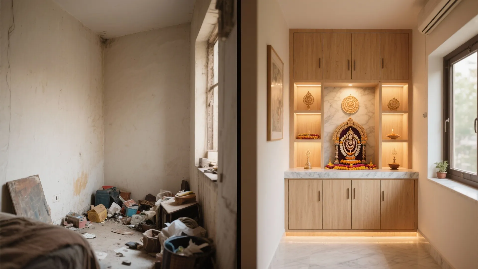 Before-and-after of a small home corner transformed into a serene pooja mandir with warm light and storage.