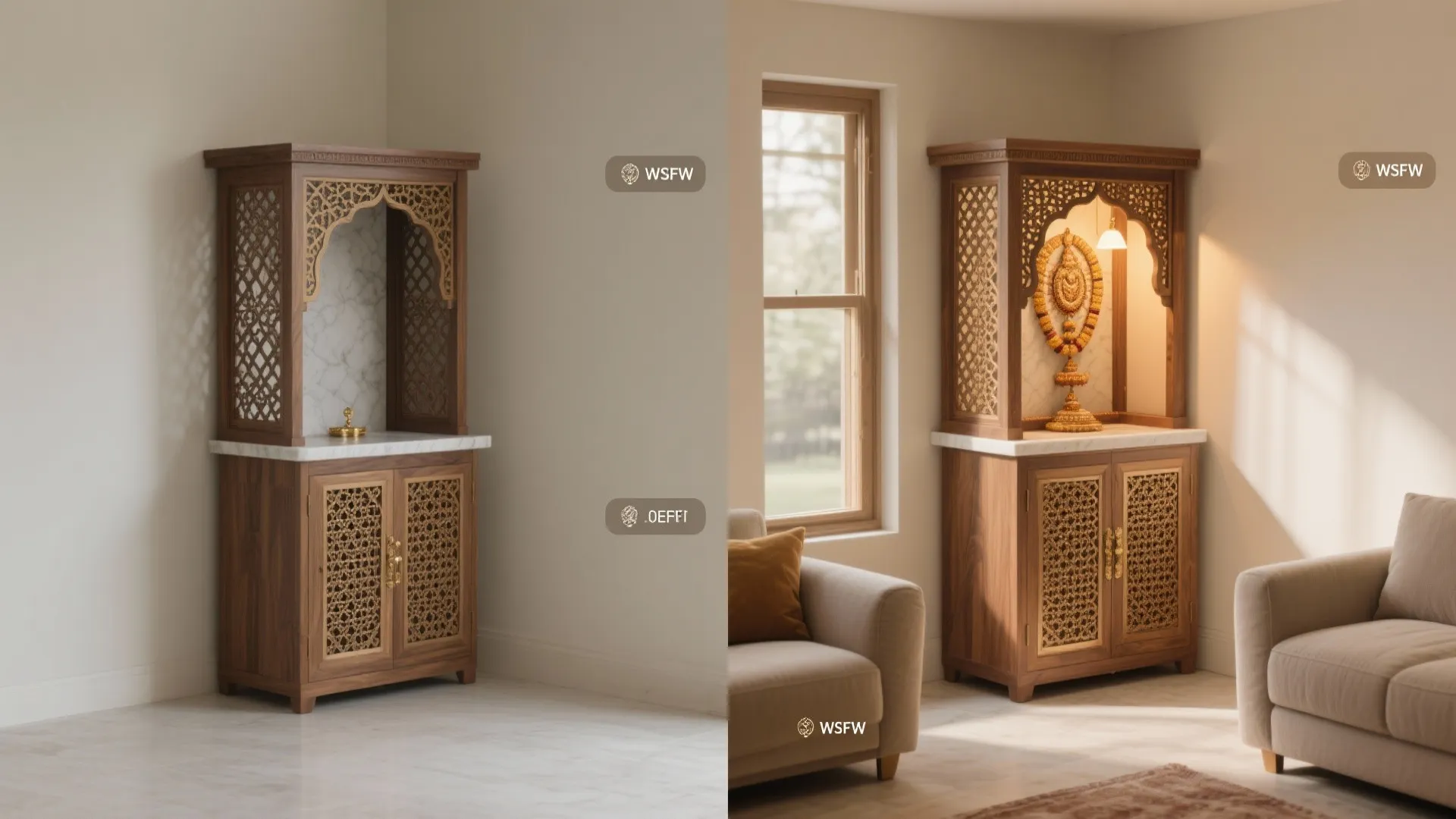 Comparison of a wooden prayer cabinet shown empty versus a decorated version with warm lighting