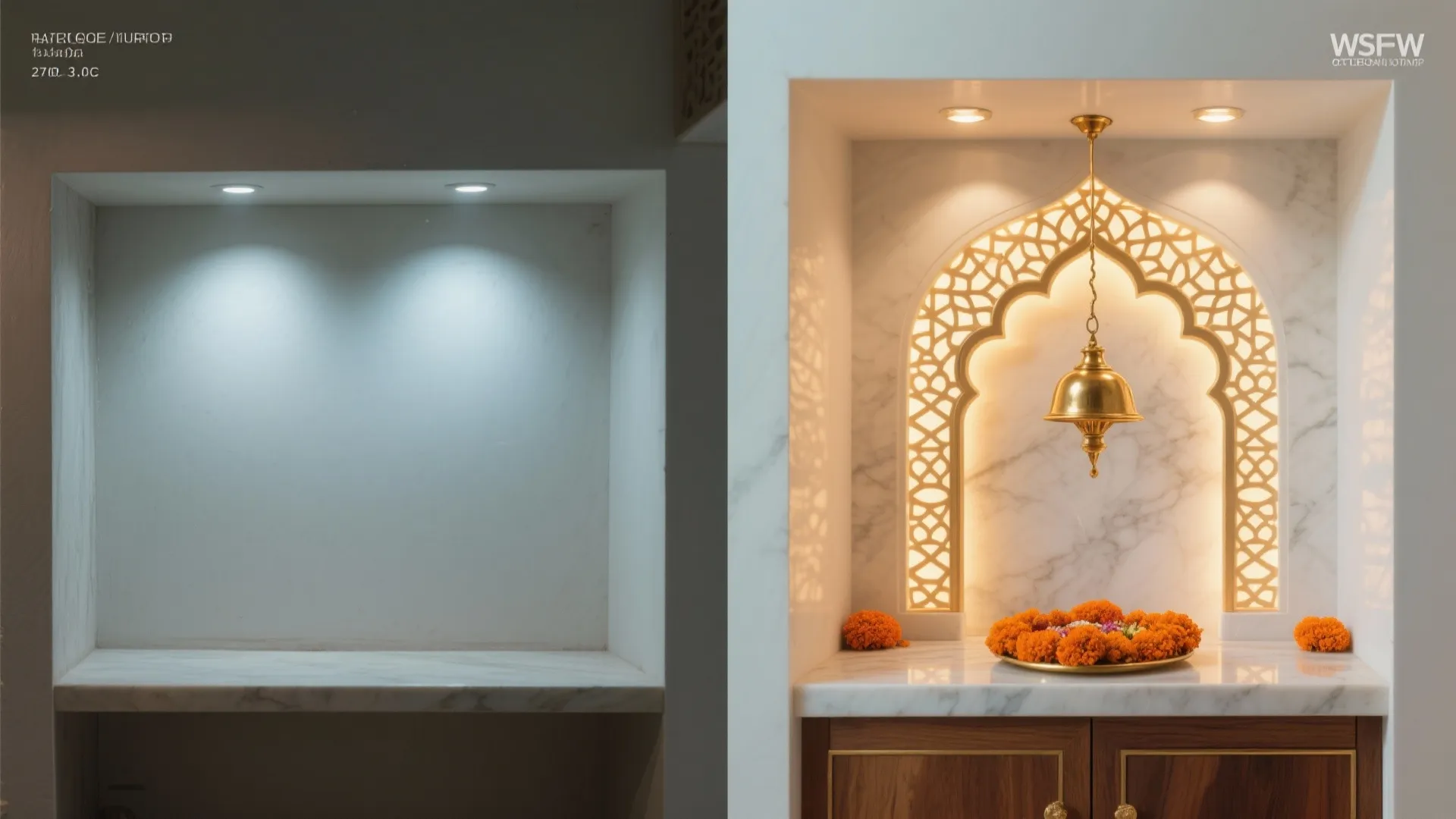Before and after comparison of an empty wall niche versus a decorated prayer room space