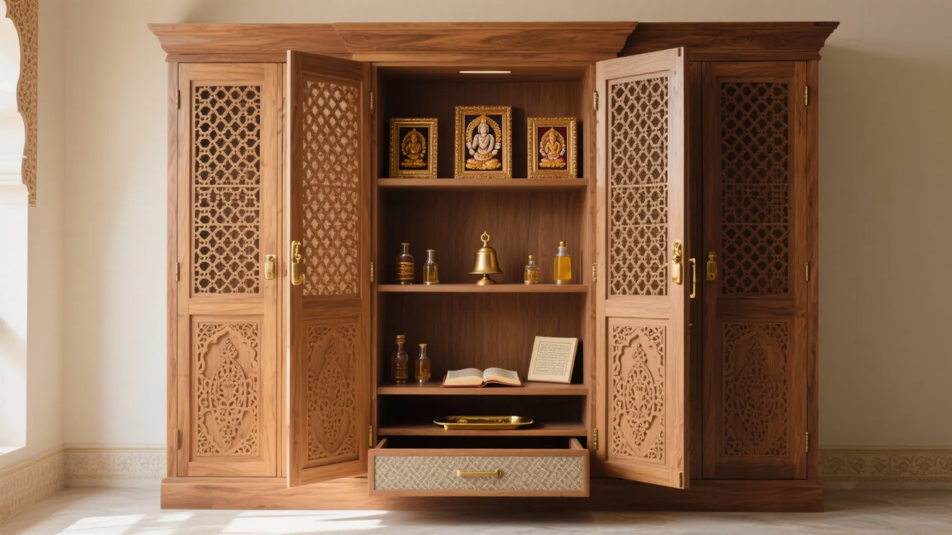 Tall mandir cabinet with jali ventilated doors, adjustable shelves, and a pull-out aarti tray.