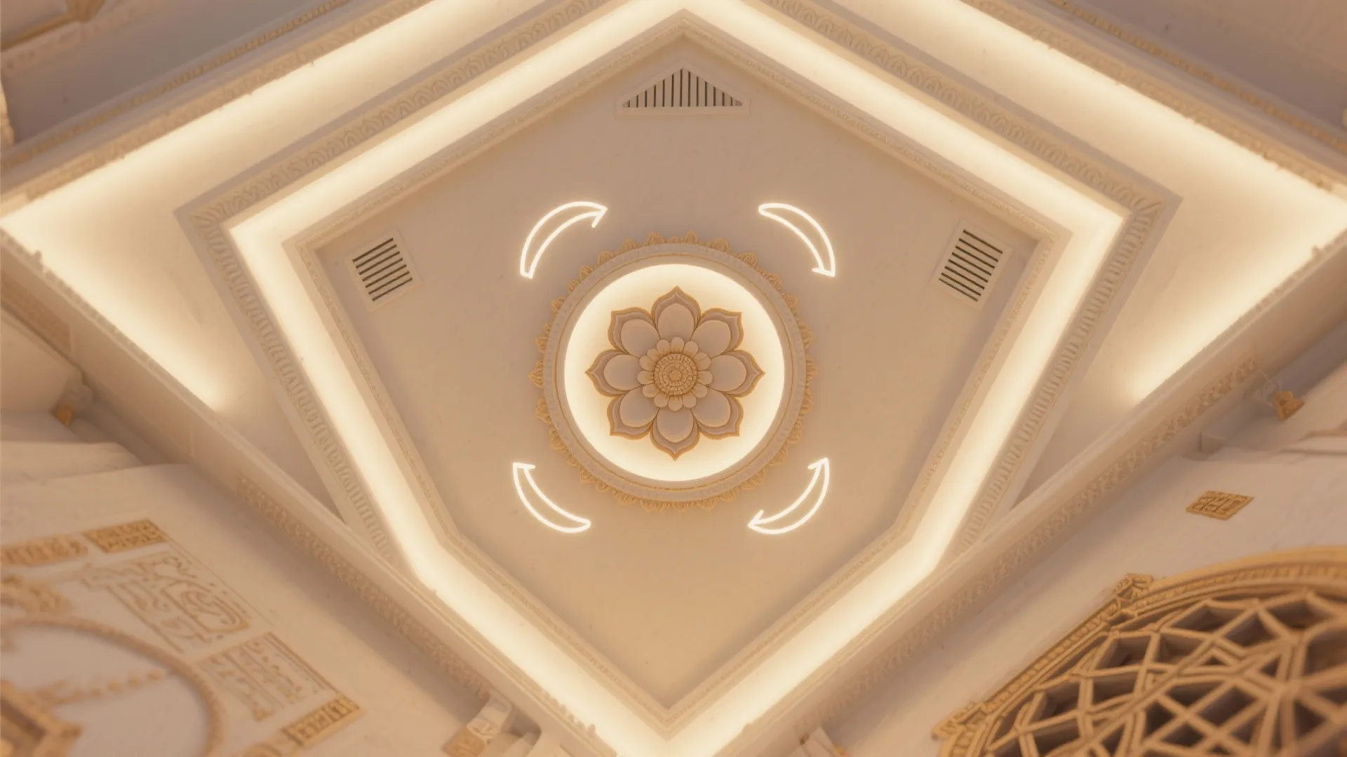 Cream colored tray ceiling with flower pattern center and warm light fixtures in a prayer room