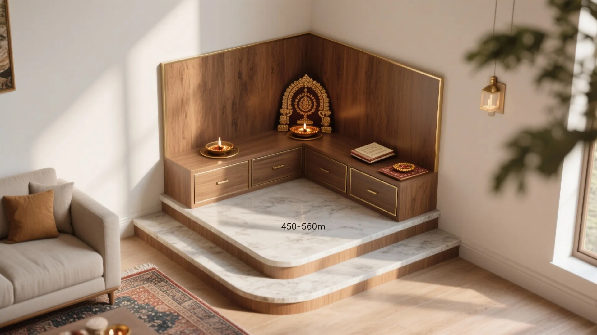 Corner Mandir Platform with Concealed Storage