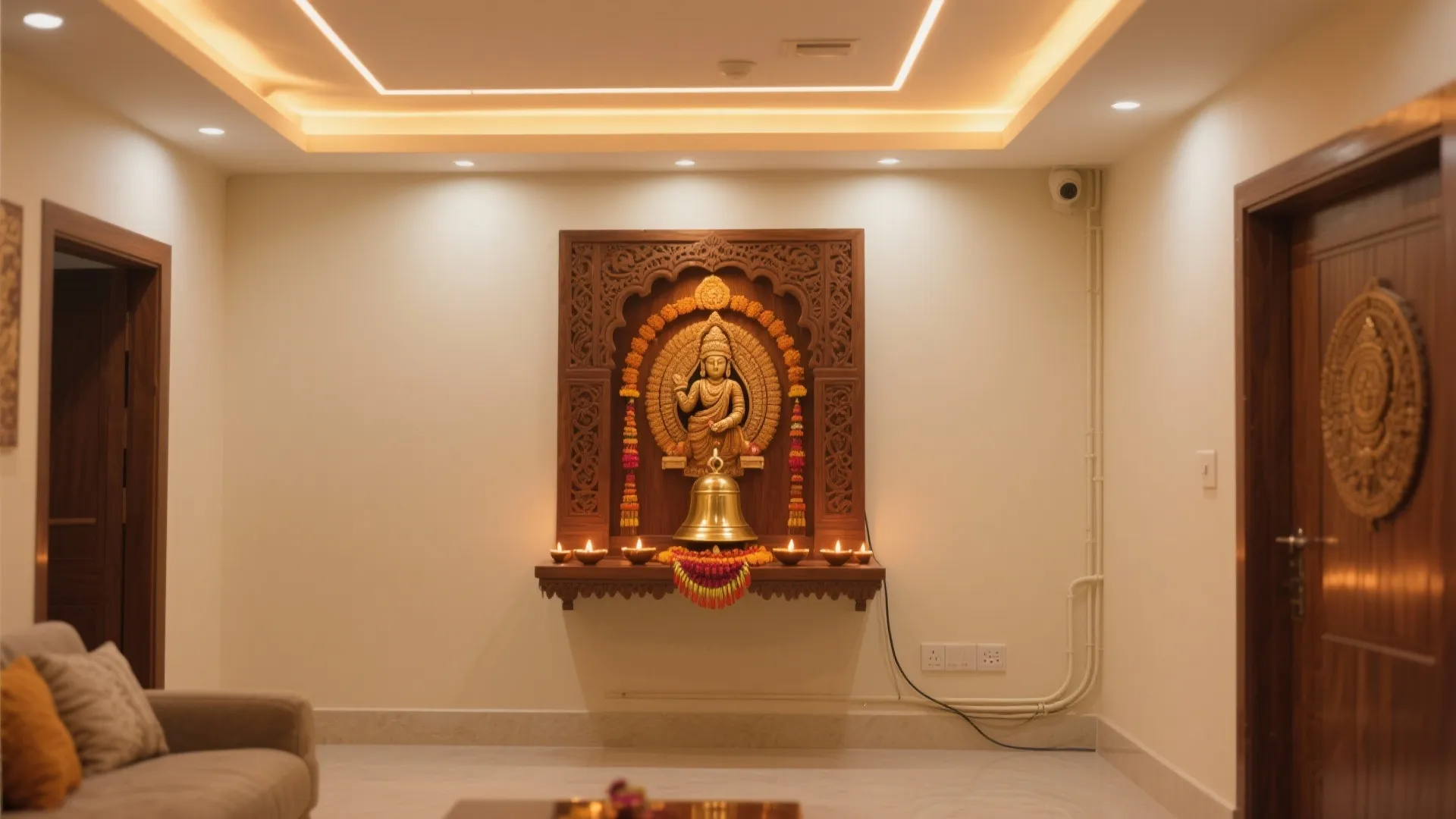 Traditional prayer room with wooden wall shrine golden statue warm ceiling light and brown sofa